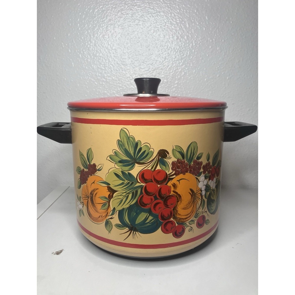 VTG Holt Howard France Fruit Festival Enamel Stock Pot 10" Red Orange Lid Retro